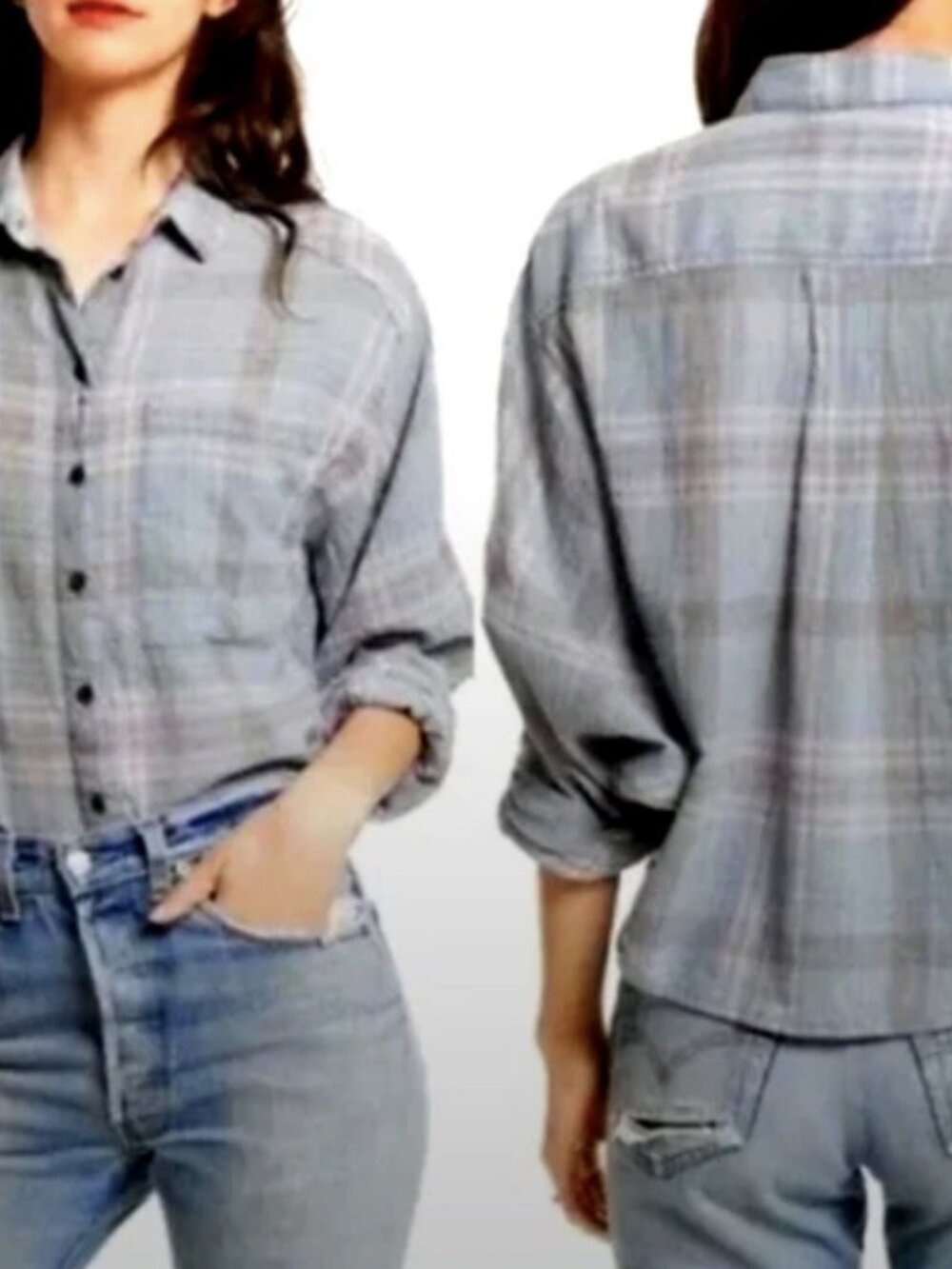 Free People Plaid Cutie Cropped Batwing Shirt L Cotton Gauze